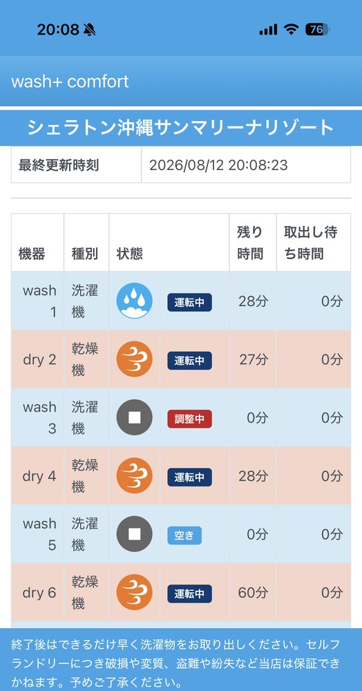 wash+ comfortの空き状況ページ。洗濯機・乾燥機ごとの状態と残り時間、取出し待ち時間が一覧表示されている